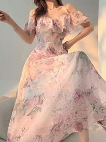 DAZY Women's Long One Shoulder Ruffled Hem Floral Print Dress, Summer Birthday Party Outfit,Back To School Clothes - Pink - View 4