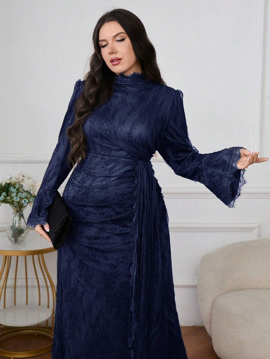 Graceveil 大码女式蕾丝喇叭袖针织优雅朴素华丽阿拉伯连衣裙 - 藏蓝色 - 查看 1