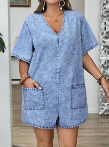 EMERY ROSE Plus Size Women's Washed Pockets V-Neck Denim Romper, Summer Woman Summer Clothes Women Clothes Vacation Women Summer Clothes Country Concert Outfit Boho Beach Vacation Outfits Festival Outfits For Women Hawaii Outfits Women Jumpsuits For Woman Elegant