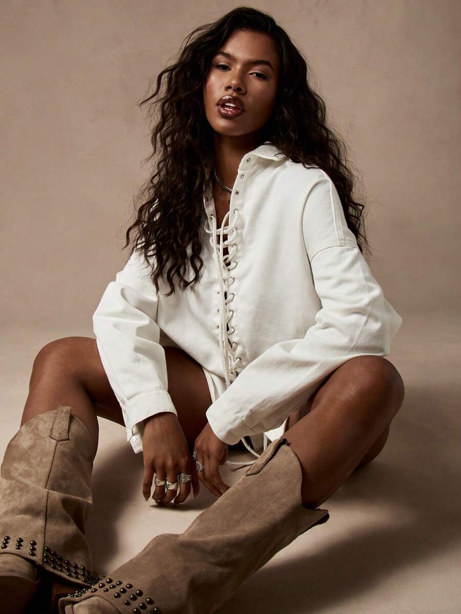MISSGUIDED Áo khoác denim buộc dây phong cách phương Tây cỡ lớn thời trang thu đông corset cài nút phía trước phong cách đường phố cũ kỹ dài tay màu trắng - trắng - Xem 1