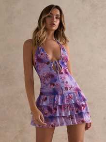 Glamine Printed Mesh Backless Beach Dress For Women, Summer Women Dresses Birthday Women Short Dresses Summer - Purple - View 6