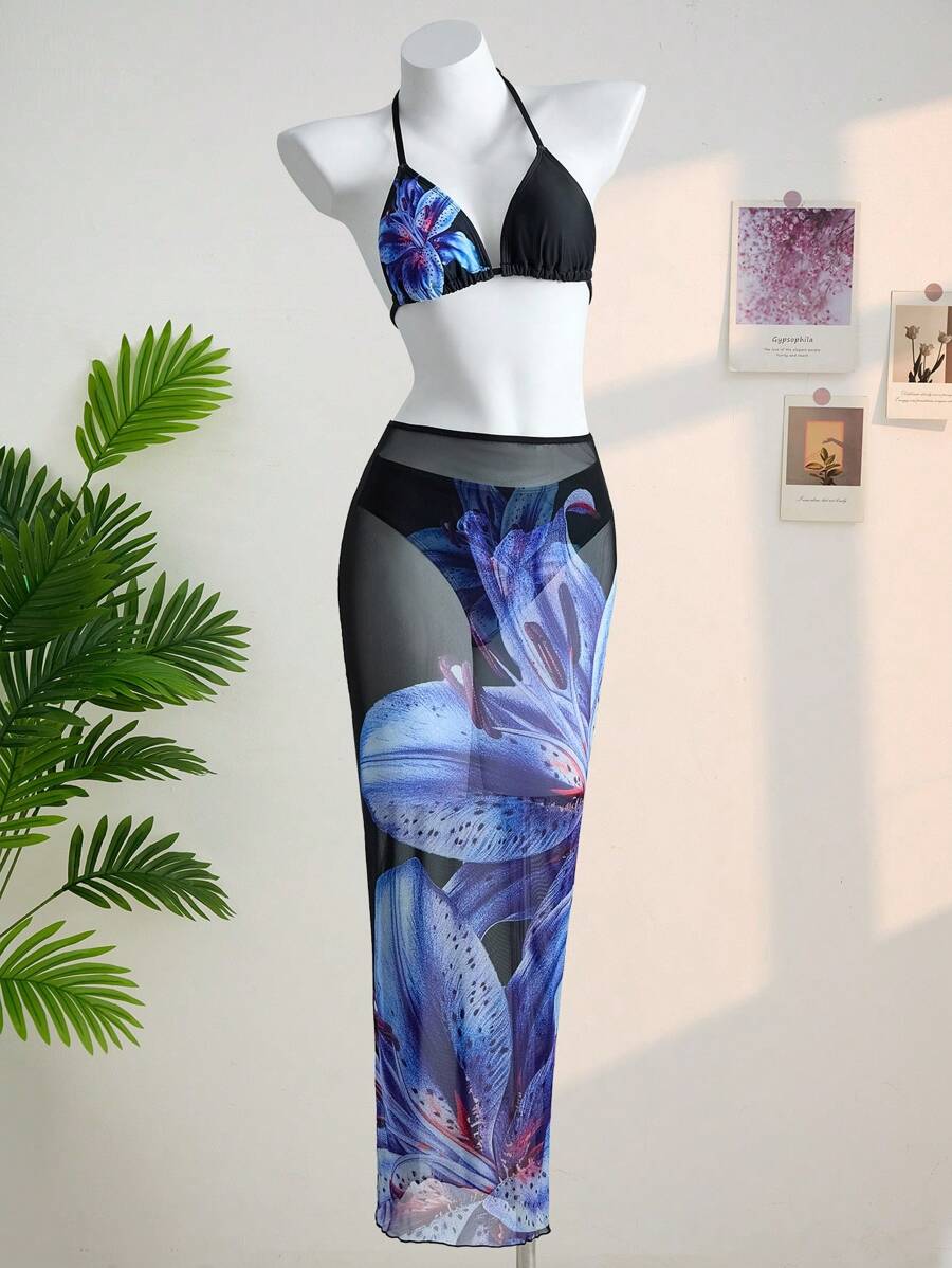SHEIN TEENGIRL 3Pcs/Set Black Bikini With Blue Floral Print, Beach & Resort Vacation Swimwear Set Two Pieces Set Women - Blue - View 1
