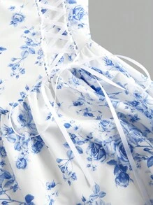 SHEIN MOD Vestido con estampado floral, cuello con volantes y lazo en los hombros para mujer - Azul y blanco - Ver 3