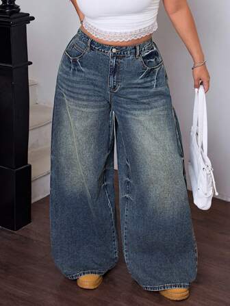 Jeanoix 大码女式做旧口袋宽松蓝色牛仔裤