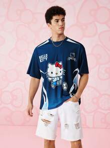 HELLO KITTY AND FRIENDS | SHEIN 男士卡通图案圆领短袖T恤，夏季 - 藏蓝色 - 查看 3