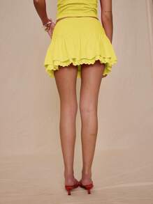 MUSERA 低腰亚麻飘逸迷你裙，夏季度假必备，可爱优雅假日装 - 黃色 - 查看 4