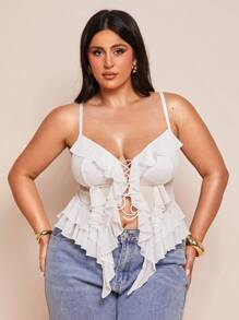 SHEIN BAE Plus Size Women Black Ruffle Strap Camisole Tank Top, Suitable For Date, Outing, Commute,Club Outfits Women Sexy,Going Out Tops Women - White - View 6