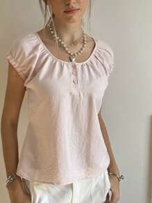 SHEIN Bubbli Women's Solid Color Pleated Bat Wing Short Sleeve Half-Open Neck T-Shirt