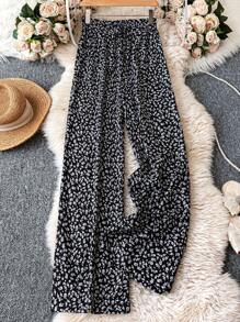 SHEIN Clasi 女式碎花图案宽松腰蝴蝶结装饰休闲裤，适合假日和日常穿着 - 彩色 - 查看 1