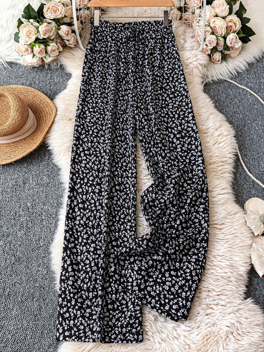 SHEIN Clasi 女式碎花图案宽松腰蝴蝶结装饰休闲裤，适合假日和日常穿着 - 彩色 - 查看 1