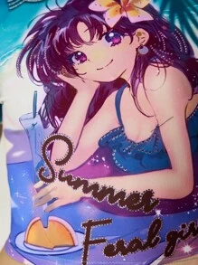 ROMWE Women's Anime Character Print With Rhinestones Fitted T-Shirt - Multicolor - View 2