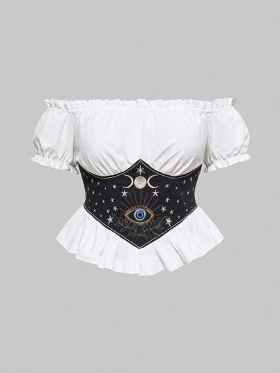Goth Plus Size One Shoulder Vintage Star & Moon Mystical Eye Embroidery Patchwork Waist Drawstring Shirt