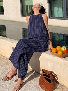 DAZY 2 Pieces Striped Crew Neck Halter Top & Wide Leg Pants Set For Women Vacation Outfits Women - Blue - View 6