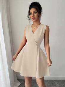 Elenzga Women's Elegant Casual Vacation & Work Solid Color Cross V-Neck Double Metal Buckle Pleated A-Line Sleeveless Mini Dress, Spring/Summer