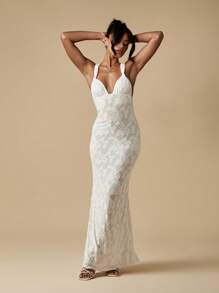 MISSGUIDED Stretch Devore Maxi Gown With Crisscross Open Back Wedding Guest Bridesmaid Special Occasion Floor Length Evening Dress