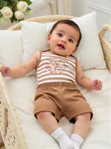 SHEIN 2pcs Baby Boy Cute Stripe Set, Spring/Summer - Brown - View 3