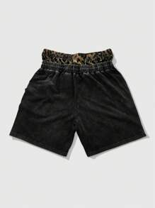ROMWE MEN Street Life Men's Street Style Washed Leopard Patchwork Cargo Shorts With Double Waistband Design