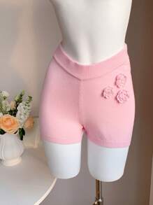 Comfortcana Solid Color Sweater With 3D Flower Decor And Shorts - Pink - View 4