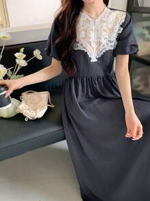 DAZY Women's Summer Lace Splice Puffed Sleeve A-Line Midi Dress, Casual And Elegant - Navy Blue - View 2