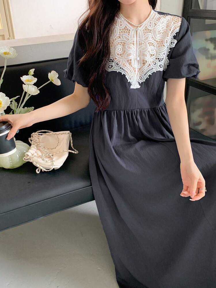 Women's Summer Lace Splice Puffed Sleeve A-Line Midi Dress, Casual And Elegant