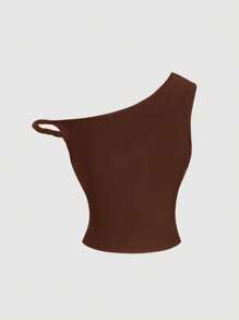 SHEIN MOD Women Casual Asymmetrical Shoulder Rust Brown Blouse - Rust Brown - View 2