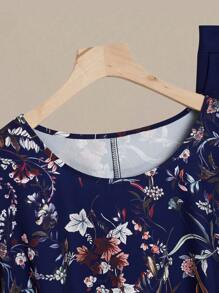 Linhara 大码女式热销波西米亚印花圆领短袖上衣和撞色口袋长裤两件套休闲套装，适合度假海滩、春夏季 - 藏蓝色 - 查看 3