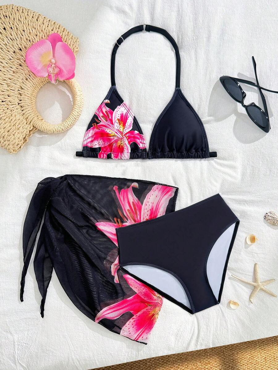 Tween Boys Printed Bikini & Pareo/Sarong 2pcs Swimsuit Set Summer Holiday - Black - View 1