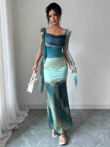 Elenzga 腰部收紧数码印花荷叶边下摆优雅浪漫女式连衣裙 - 彩色 - 查看 4