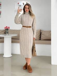 Womens Winter Dress Solid Color Cable Knit Pattern Turtleneck Long Sweater Dress Beige Sweater Dress Cable Knit Sweater Dress Midi Sweater Dress Turtleneck Sweater Dress