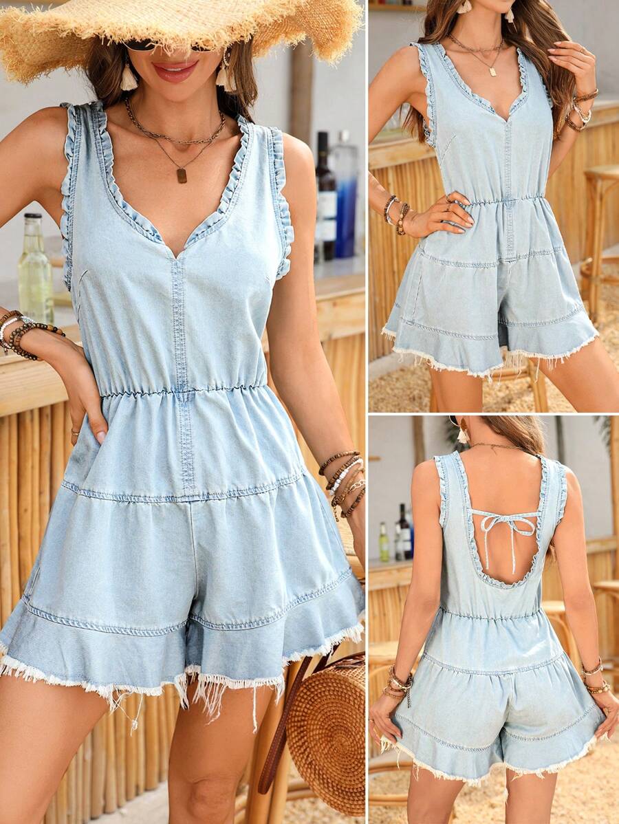 Breezaya Women's Fashionable Denim Romper, Suitable For Summer - Light Wash - View 1