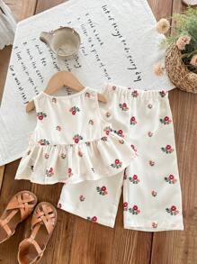 SHEIN LMoss Kids 2 件套女婴夏季休闲可爱波尔卡圆点无袖上衣和松紧腰裤套装 - 彩色 - 查看 3