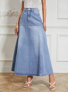 SHEIN Essnce 女式长款休闲百搭牛仔A字裙，带口袋 - 淺色水洗藍 - 查看 5