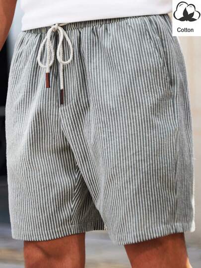 Manfinity VCAY Men's Woven Striped Mid-Waist Slim Fit Casual Shorts, Straight Leg Sport Knee Shorts, Suitable For Daily Wear In Summer, For Husband, Boyfriend Gifts