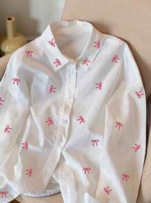 SHEIN 女款休閒法式可愛寬鬆蝴蝶結印花長袖襯衫，秋季日常上學穿搭，粉色與白色 - 彩色 - 查看 3