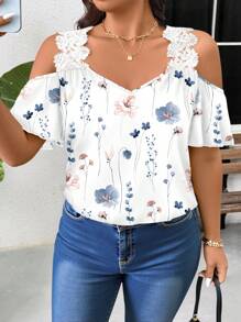 SHEIN Frenchy Plus Size Women Casual Floral Print Lace Patchwork Off Shoulder Blouse, Suitable For Summer Suitable For Going Out Chic Blouses For Women - White - View 2