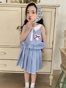 DAZY Bộ áo sơ mi không tay 2 mảnh kẻ caro viền bèo nhún cho bé gái kèm váy có nơ, trang phục mùa hè cho bé gái - Màu xanh lam - Xem 7