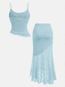 Girlism Conjunto de 2 peças com Regata Assimétrica de Renda e Saia Assimétrica de Babados com Bainha de Sereia de Cintura Baixa, Roupa Elegante para Casamento, Primavera/Verão, Temporada de Casamentos em Resort, para Adolescentes - Azul bebê - Visão 2