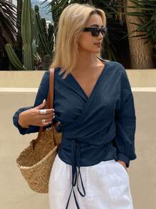 Livesso Blusa estiva casual ed elegante da donna, di colore tinta unita, con colletto obliquo, legata in vita con cintura