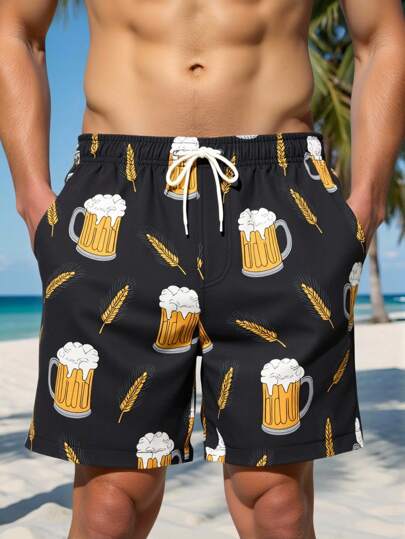 Surfspeed Men's Beer Print Drawstring Waist Beach Shorts, Hawaiian BeachModeOn Men Vacation Men Beach Shorts Men Swim Trunks Beach