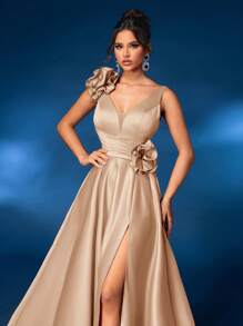Glamrae Elegante y lujoso vestido largo rosa con escote en V, decoración bordada, abertura alta y dobladillo con vuelo y cola, vestido de noche formal - Albaricoque - Ver 5