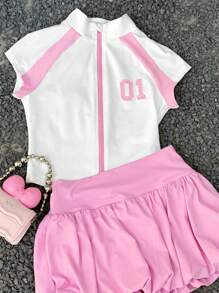 Coolane Kids Tween Girls 春夏 Y2K 夏季三色拼接修身短袖 T 恤，正面拉链，立领