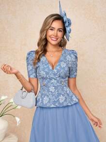 Gownix Women's Fashion Elegant V-Neck Gigot Sleeve Blouse, Suitable For Commuting, Work, Outings And Dating Vacation Woman Summer Tops Professional - Blue - View 2