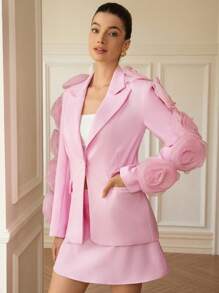 Aveloria Rosie Elegant And Refined Loose Fit Wide-Shoulder Women's Suit Set With Handmade Satin-Feel 3D Floral Decoration, Suitable For Commuting, Parties, And Social Events - Includes Long Sleeve Jacket And Short Skirt In Pink And Purple Fall Cloth For Women - Pink - View 5