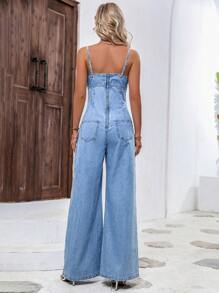 SHEIN Frenchy 女式宽松休闲褶皱阔腿牛仔连体裤 - 中等水洗藍 - 查看 3