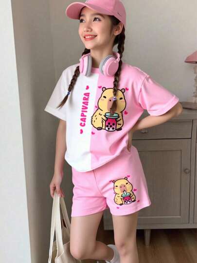 女童青少年休闲时尚创意撞色可爱卡通印花基本款短袖T恤和短裤套装