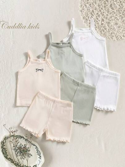Genkimix Kids Young Girls 3pcs Set - Embroidered Bow Camisole + Shorts, Underwear Set For Spring/Summer