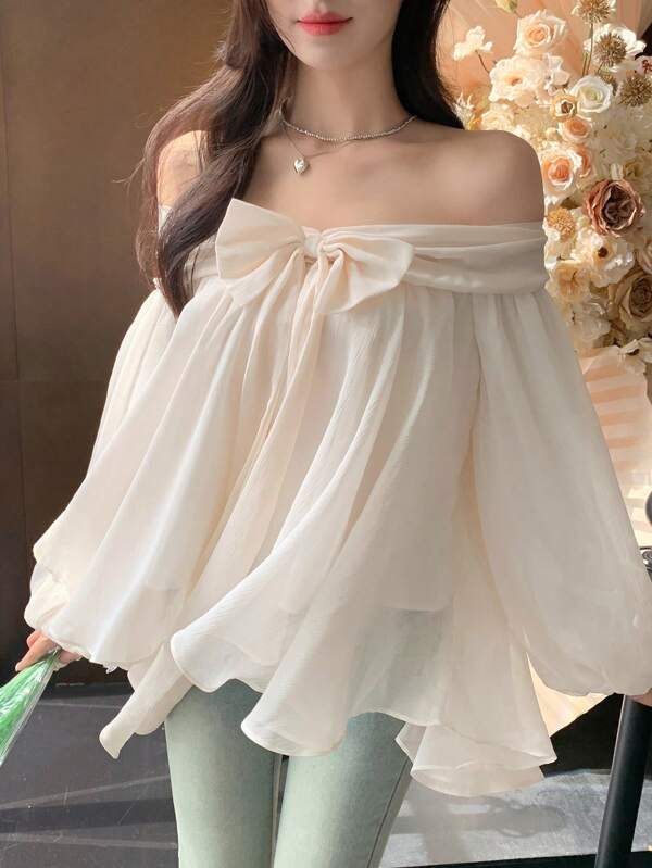 DAZY Women's Chiffon Off-Shoulder Bowknot Loose Fit Flare Long Sleeve Shirt, Suitable For Summer Vacation,Off Shoulder Top