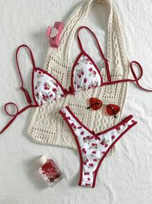 Elavelle Springbreak 女式碎花蝴蝶结细肩带短款上衣和高腰短裤性感比基尼套装，适合夏季穿着 - 彩色 - 查看 3