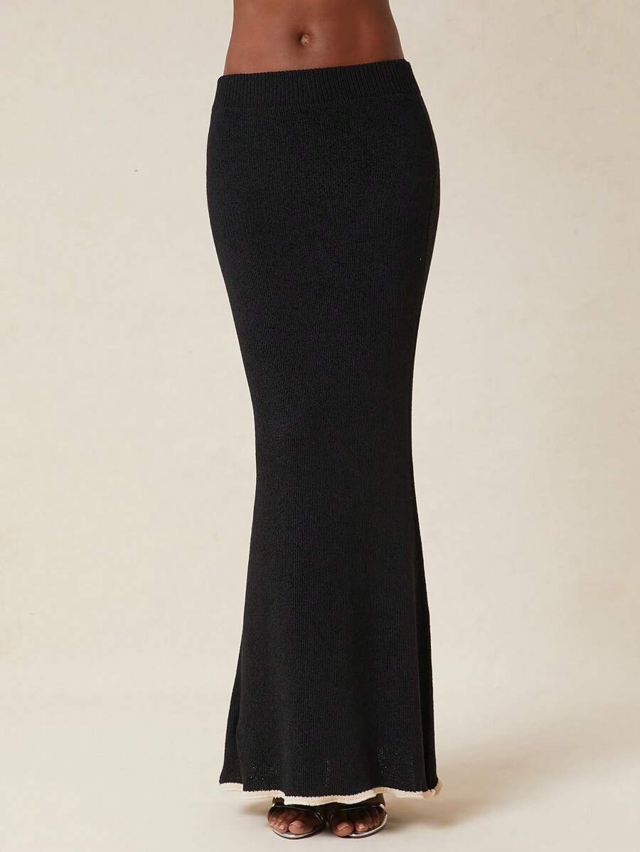 NYA SZN Classy Two Tone Fitted Sexy Modest Casual Formal Prom Wedding Guest Vacation Mermaid Maxi Skirt - Black - View 1