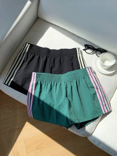 Comfortcana 2条装女士加大码休闲宽松弹力腰侧条纹运动短裤，适合夏季日常街头穿着，两件套短裤，弹力腰条纹短裤，运动短裤，假日休闲装